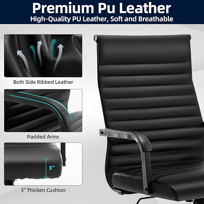 Office Chair Ergonomic Executive Conference Room Chairs Ribbed Leather Desk Chair with Lumbar Support Adjustable Height Mid-Back Swivel Chair with Padded Seat and Square Tube Armrests