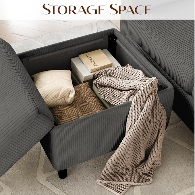 Sectional Couches for Living Room L Shaped Couch with Storage Ottoman Small Sofa Corduroy Couch with Side Pockets Modern 3 Seater Convertible Sofa for Apartment Office Dark Grey