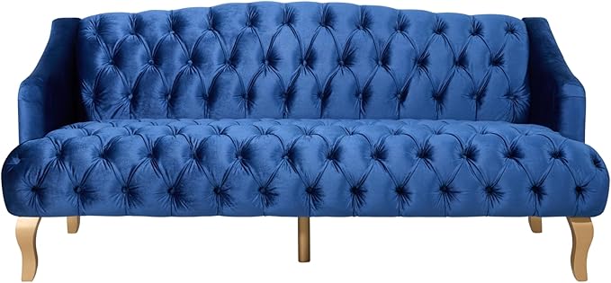 Christopher Knight Home Minxi Velvet Upholstered 3 Seater Sofa Couch Wooden Home Sofa Living Room Comfy Cloud Couch for Bedroom Home Office Button Tufted with Diamond Stitching Dark Blue