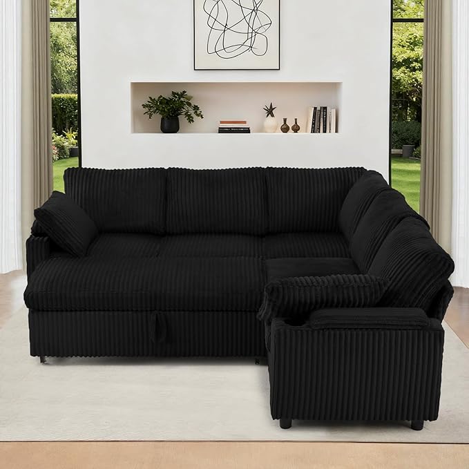 85 Corduroy Reversible Sectional Sofa w/Pull Out Bed Upholstery L Shaped Couch w/Storage Armrests &amp Cup Holders Modern Corner Sofa w/USB Charging Port &amp Throw Pillow for Living Room Black