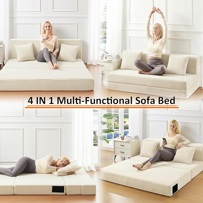 Queen Size Folding Sofa Bed - 4 in 1 Convertible Sleeper Chair with Two Pillows - High Density Memory Foam Futon Couch - Foldable Bed for Living Room Bedroom (Beige)
