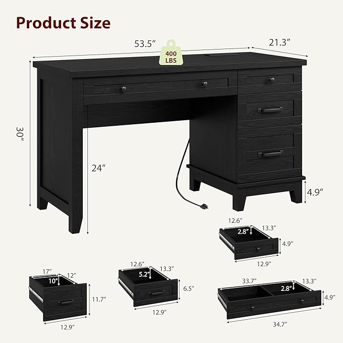 GAOMON 54.5in Wooden Executive Desk with Drawers Office Desk Computer Table with Charging Station Farmhouse Home Office Desk with File Cabinet Storage for Study and Home Office Rustic Black