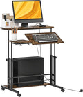 HOMCOM Height Adjustable Standing Desk with Power Outlets Stand Up Desk with Tiltable Tabletop Lockable Wheels Bottom Shelf Rolling Workstation for Home Office Brown
