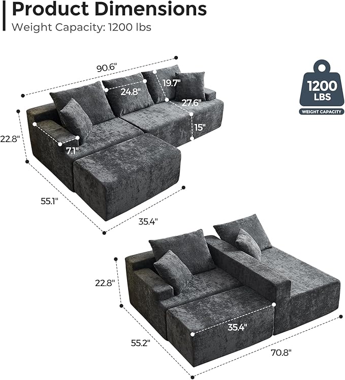 Boneless Couch L Shaped Cloud Sectional Couches for Living Room Comfy Fluffy Modular Sectional Sofa Deep Seat Memory Foam Lounger with Left Facing Chaise Free Combination Gray
