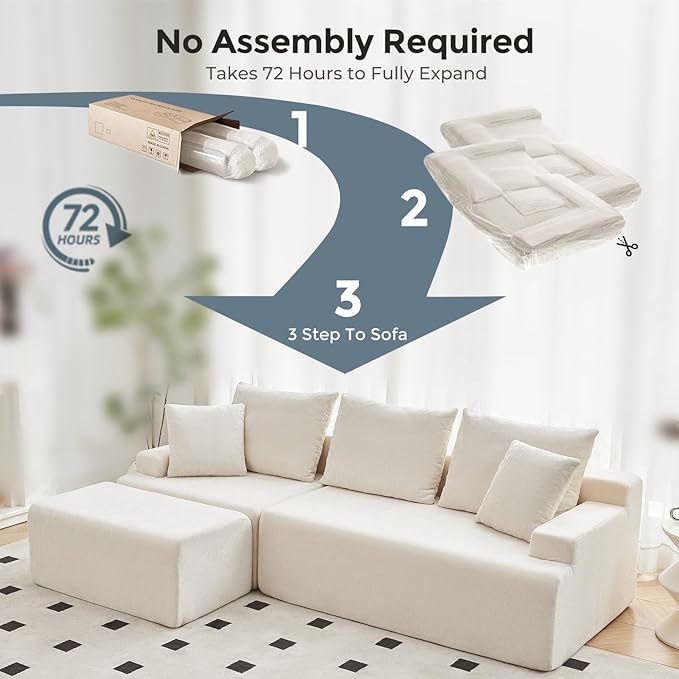 90.6 Sectional Boneless Couches Modern L-Shape Cloud Couch with Chaise Memory Foam Modular Sectional Sofas for Living Room Sofa in A Box No Assembly Required (Beige Left Facing Chaise)