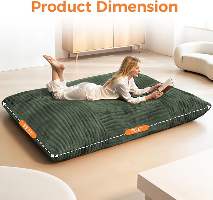 3 in 1 Giant Bean Bag Chair Convertible Bean Bag Bed for Adults and Kids Oversized Comfy Memory Foam Floor Sofa with Machine Washable Cover for Living Room Bedroom &amp Dorm(Green)