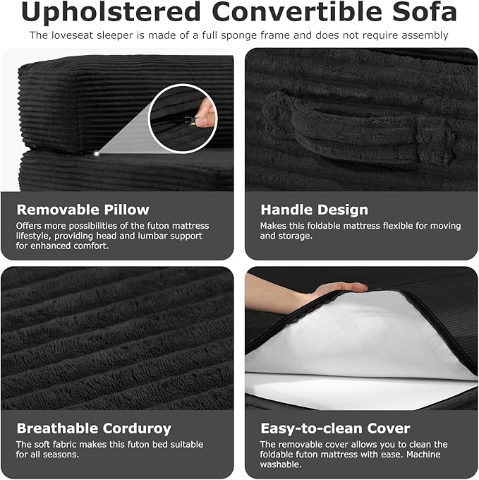 6-inch Folding Mattress Convertible Sofa Bed Foldable Floor Mattress Sleeping Couch with Removable Corduroy Cover &amp Carry Handles High-Density Foam Guest Bed Mattress (Black Queen)