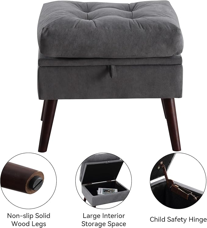 Chair with Ottoman SetAccent Chair with Ottoman Storage and Adjustable BackrestComfy Reading Lazy Lounge Chair and Ottoman with Side Pocket for Living RoomBedroomVelvet Dark Grey