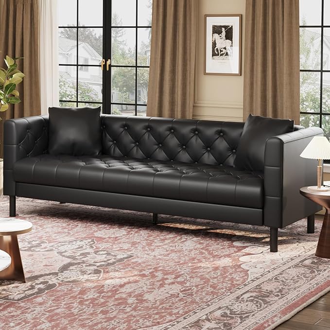 Garvee 81 Inch Leather Couch for Living Room Modern Leather Sofa with Deep Seat Handmade Button Tufted 3 Seater Sofa Chesterfield Couch for Apartment Office Black