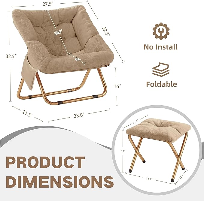 Comfy Saucer Chair for Adults Foldable Living Room Chairs Soft Faux Fur Lounge Chair for Bedroom Reading Chairs X-Large (Ottoman-Beige)
