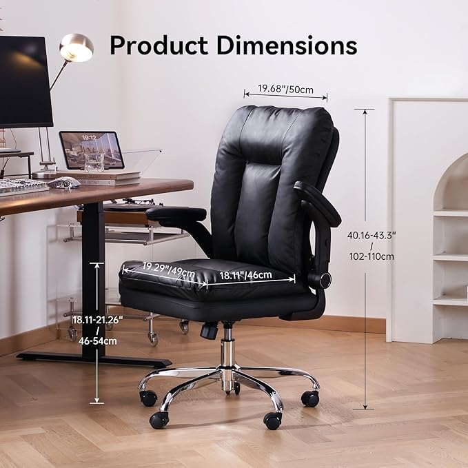 LEAGOO Comfy Office Chair with Padded Flip-up Arms Mid Back Executive Ergonomic Desk Chairs Faux Leather Computer Rolling Chair with Wheels for Home Adjustable Height 360 Swivel 300lbs Black