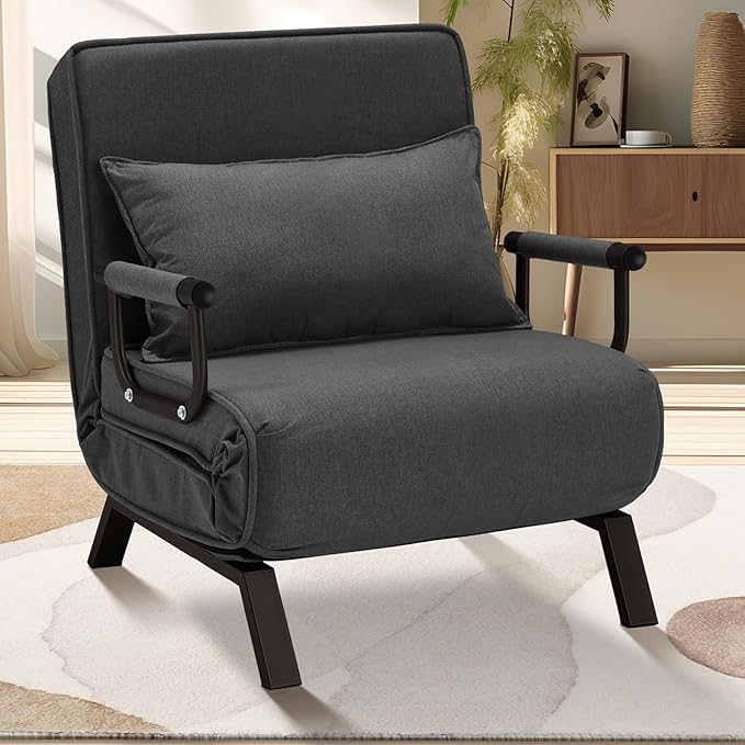 Folding Sofa Bed Sleeper Chair3-in-1 Single Convertible Sofa with Adjustable BackrestLazy Bed Leisure Recliner with PillowTri-fold Upholstered Armchair (Dark Gray Large)