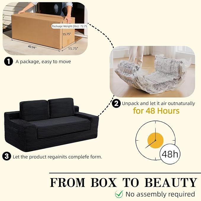 71 Corduroy Cloud Loveseat Sofa Bed Pull Out Convertible 2-in-1 Boneless Couch Deep Seat 2-Seater Design No Assembly Floor Sofa with Side Pockets for Living Room Bedroom Apartment (Black) | Pul
