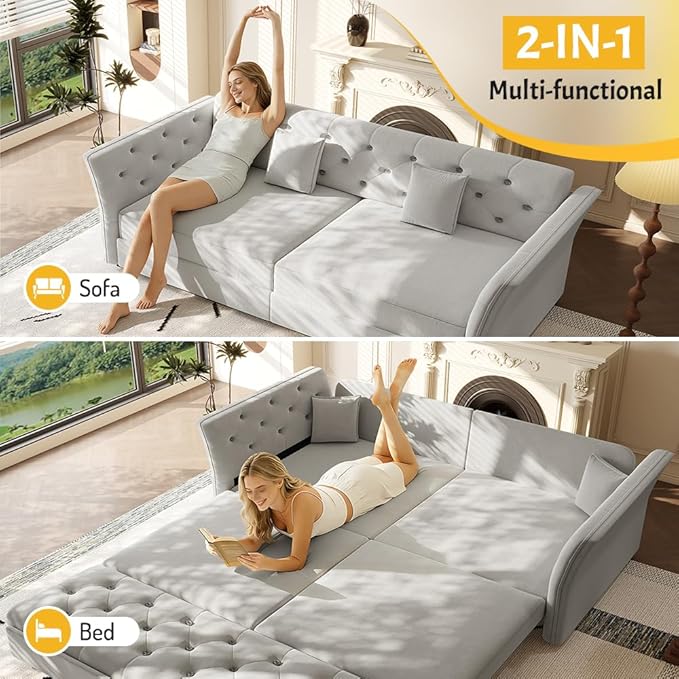 KEIKI 74.7 Queen Pull Out Sofa Bed Velvet Convertible Sleeper Sofa Button Tufted Chesterfield Sofa Pull-Out Couch Bed for Living Room Bedroom Apartment Light Grey