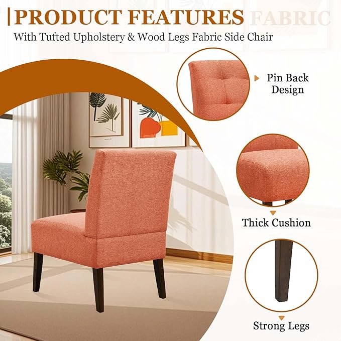 Modern Accent Chair for Living Room Upholstered Armless Slipper Chair with Back &amp Wood Legs Comfy Small Chair for Bedroom Living Room Reading Spaces Office (Orange2)