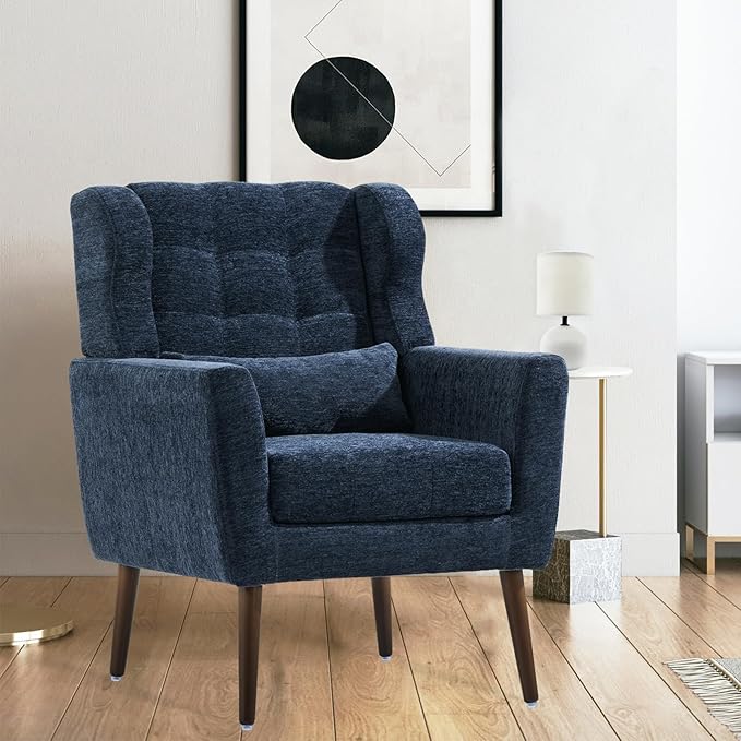 Modern Accent ChairsUpholstered Arm Chairs with PillowMid Century Sofa Chairs with Chenille FabricComfy Reading Chair for Living RoomBedroom (Blue Set of 2)