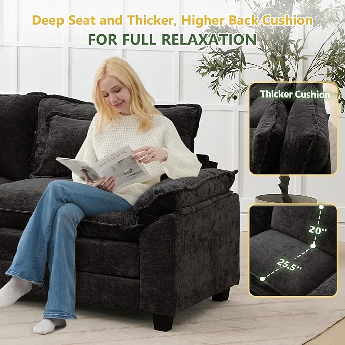 120 U Shaped Couch Modular Sectional Sofa Cloud Couch with Movable Ottoman Modern Chenille Deep Seat Sleeper Sofa with Throw Pillows for Living Room and Apartment (Black 5-Seat)