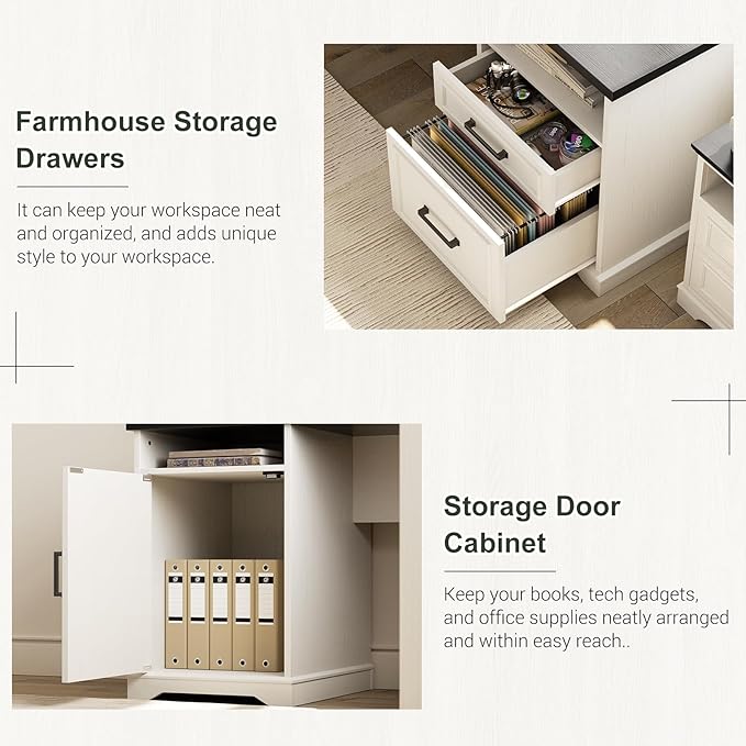 Unikito Farmhouse L Shaped Executive Desk with File Drawers 60 Corner Computer Desk with Power Outlets Large 2 Person Home Office Table with Storage Cabinet Sturdy Writing Desks White and Black