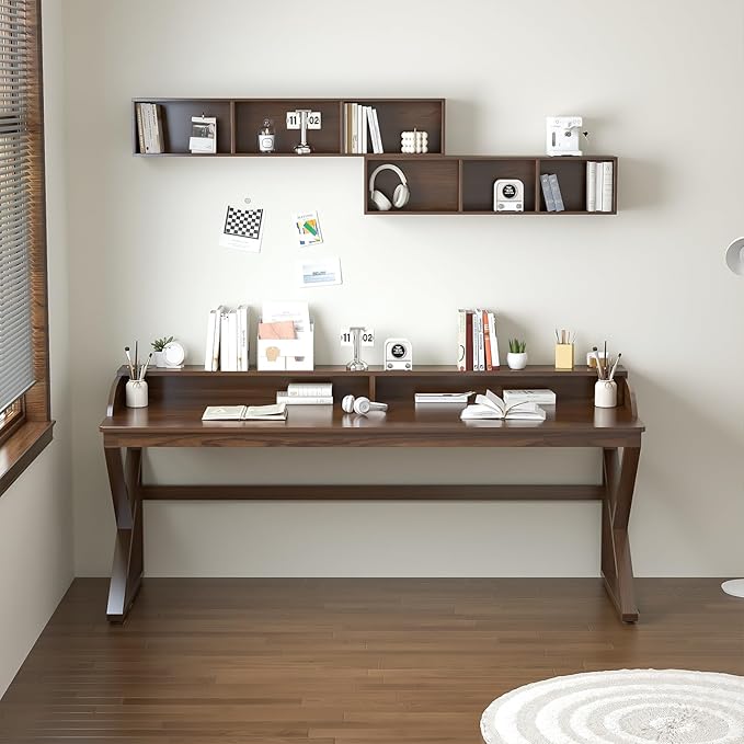 Long Desk with Monitor Stand - 63 Double Long Computer Table for 2-Person Workstation Large Writing Study Work Desk for Home and Office Walnut