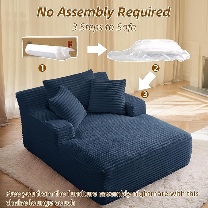 Oversized Chaise Lounge Chair Indoor Bedroom Comfy Corduroy Upholstered Sofa Bed Chair Deep Seat Single Sofa Couch No Assembly Required Sleeper Chair Couch for Living Room (Dark Blue)