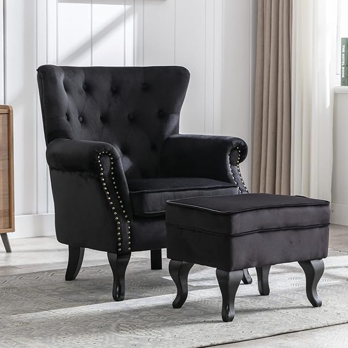 Mid Century Modern Accent Chair Upholstered Armchair Comfy Velvet Tufted Wingback Single Sofa with Ottoman for Bedroom Living Room Black