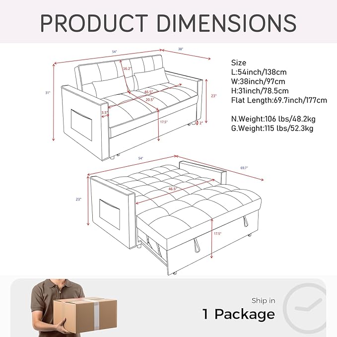 55 Convertible Full Size Sofa Bed 3 in 1 Velvet Sleeper Sofa with Pull-Out Bed Futon Couch with Adjustable Backrest and Side PocketModern Loveseat for Small SpacesLiving Room (Pink)