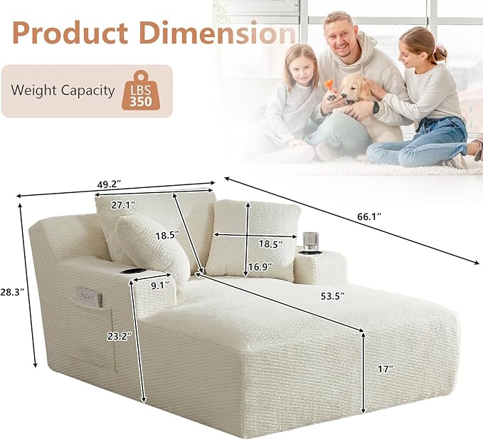 66 Oversized Chaise Lounge Chair Indoor Modern Upholstered Deep Seat Sofa Bed Sleeper Couch Reading Chairs Comfy Corduroy Cloud Sofas Couches for Living Room No Assembly Cream