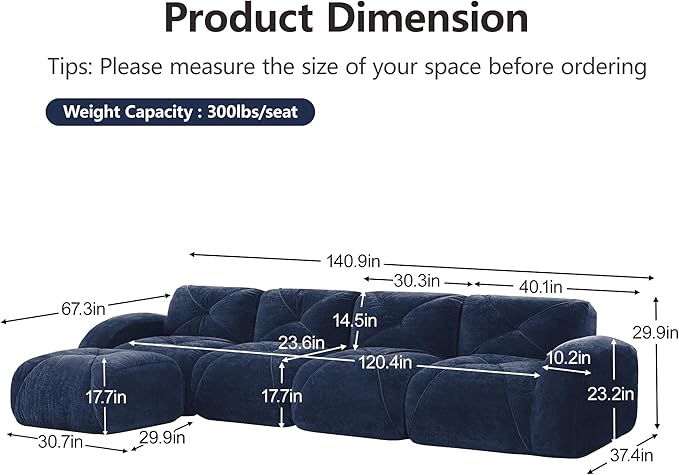 KEIKI 141 L-Shaped Velvet Modular Sectional Sofa with High-Density Foam Cushion &amp 4 Pillow &amp 1 Ottoman Compressed Boneless 4-Seater Tufted Couch No Assembly Required for Living Room Blue