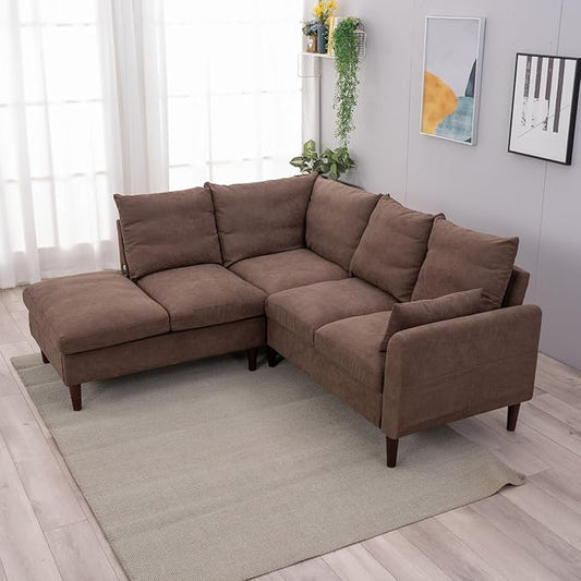 Panana 5 Seater Corner Sofa L Shaped Couch Upholstered Sectional Setee wth Built-in USB Charging Port Chaise (Brown Linen 5 Seater Corner Sofa with Built-in USB Port Chaise)