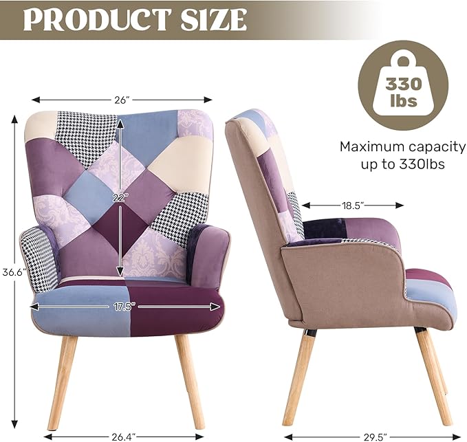 Joysoul Living Room Accent Chair Modern High Back Arm Chair Houndstooth Pattern Bohemian Style Chairs for Bedroom Waiting Room (Purple Plaid)