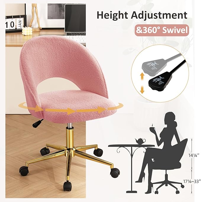 Furniliving Vanity Desk Chair with Wheels Cute Office Chair with Back for Girls Rolling Upholstered Armless Desk Chair with Gold Metal for Living Room Makeup Room Bedroom Pink-Sherpa