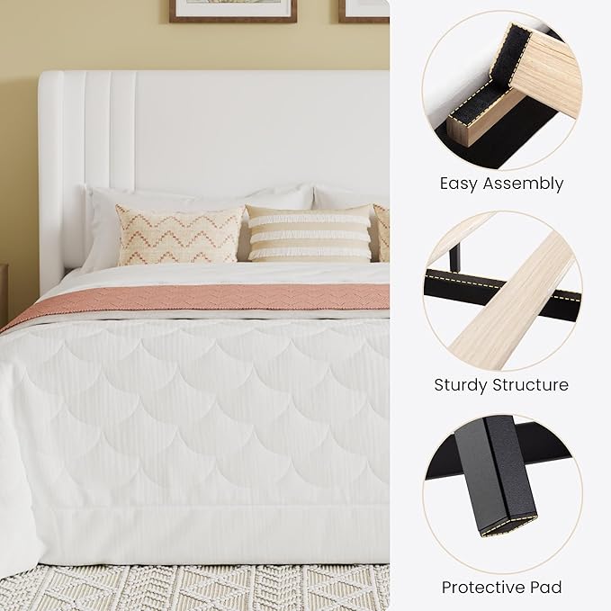 SHA CERLIN King Size Velvet Upholstered Platform Bed Frame with Vertical Channel Tufted Wingback Headboard Wooden Slats Support Easy Assembly Under Bed Storage No Box Spring Required White