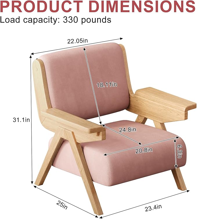 Accent Chair Mid Century Modern Chair Velvet Upholstered Lounge Arm Chair with Solid Wood Cozy Seating for Living Room Bedroom Balcony (Pink Single Chair)