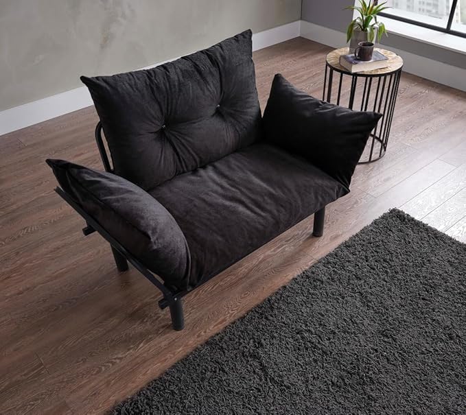 49 Mini Couch with Mattress Included Small Loveseat Sofa Chair for Small Space Oversized Accent Chair and a Half Metal Frame (Black)