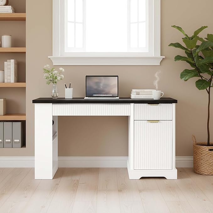 White Farmhouse Desk with Drawers &amp Charging Station Wood Executive Desk with Storage Cabinet &amp Keyboard Tray Computer Desks with Monitor Stand &amp Pegboard for Home Office (White + Black)