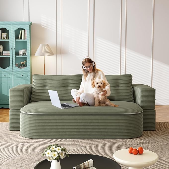 Convertible Folding Sofa Bed 80 Futon Floor Couch Modular Sleeper Loveseat Sectional Boneless Cloud Corduroy Couches for Living Room Guest Room No Assembly Required Green