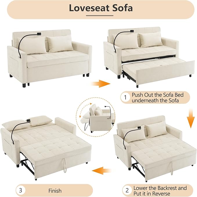 Merax Pull-Out Sleeper Sofa Bed with Reversible Backrest and Two Throw Pillows 3 in 1 Foton Couch with USB Ports &amp Phone Holder Chenille Loveseat for Living Room Beige