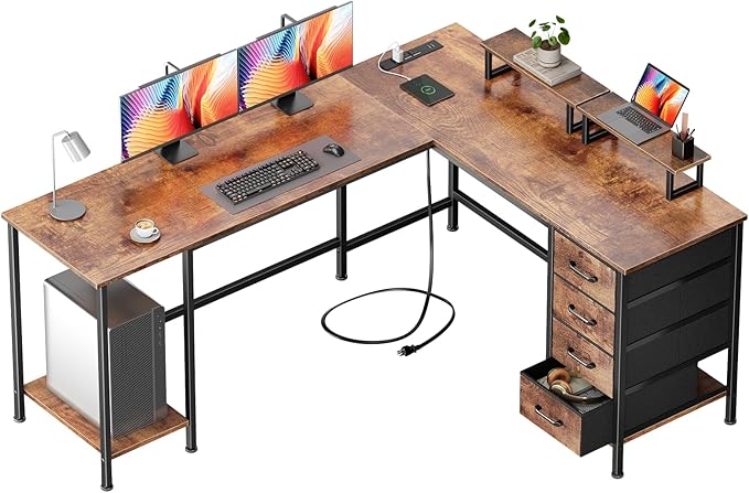 66 L Shaped Computer Desk with Power Outlets Home Office Desk with 4 Adjustable Storage Drawers &amp 2 Monitor Stands Large Two Person Gaming Table for Writing Study Rustic Brown