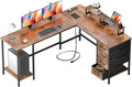 66 L Shaped Computer Desk with Power Outlets Home Office Desk with 4 Adjustable Storage Drawers &amp 2 Monitor Stands Large Two Person Gaming Table for Writing Study Rustic Brown
