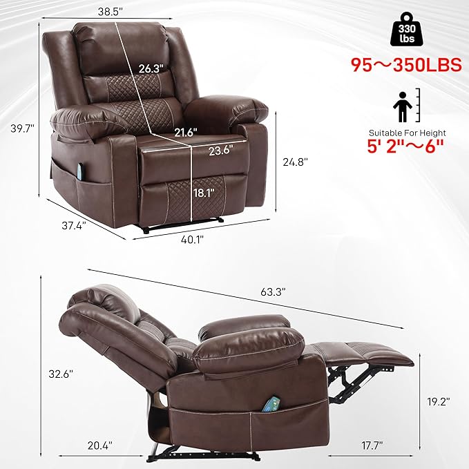 Massage Chair Recliner with HeatComfotable Lazy Boy Recliner Chair with 2 Side PocketsManual Recliners Chairs for AdultsOversized Recliners Chairs for Big and Tall ManHeavy DutyPU Leather