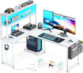 AODK L Shaped Desk Gaming Desk with LED Light &amp Power Outlet 53 Inch Reversible L Shaped Computer Table with Shelf Corner Desk with Storage Bag&ampHook for Home Office Desk White