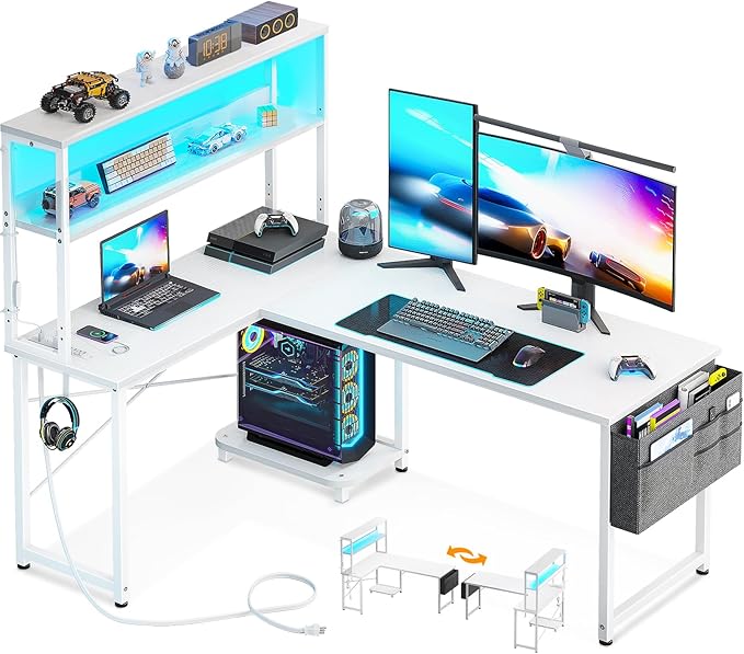 AODK L Shaped Desk Gaming Desk with LED Light &amp Power Outlet 53 Inch Reversible L Shaped Computer Table with Shelf Corner Desk with Storage Bag&ampHook for Home Office Desk White