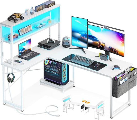 AODK L Shaped Desk Gaming Desk with LED Light &amp Power Outlet 53 Inch Reversible L Shaped Computer Table with Shelf Corner Desk with Storage Bag&ampHook for Home Office Desk White