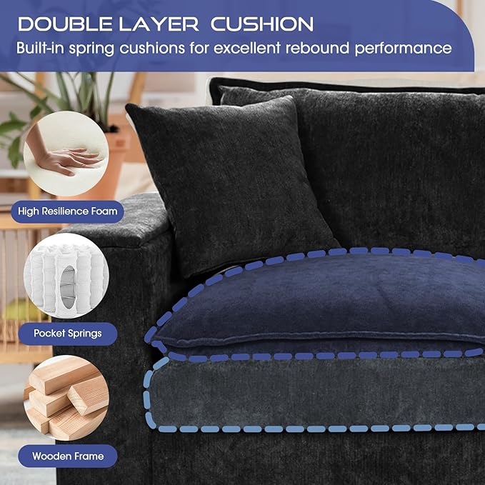 97 5 Seater L Shaped Couch Corner Sofa Oversized Cloud Couch with 2 Pillows Chenille Modular Sectional Sofa Armrests with Two Hidden Storage Space Sectional Couches for Living Room Black