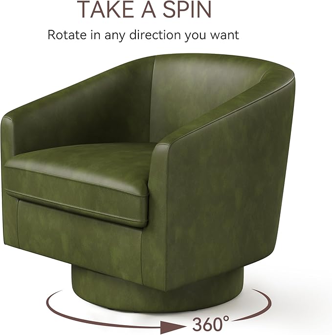 Swivel Barrel Accent Chair Round Faux Leather Living Room Arm Chairs Modern Upholstered Comfty Reading Nook Chairs for Bedroom Small Club Armchair Single Sofa Side Chair Green