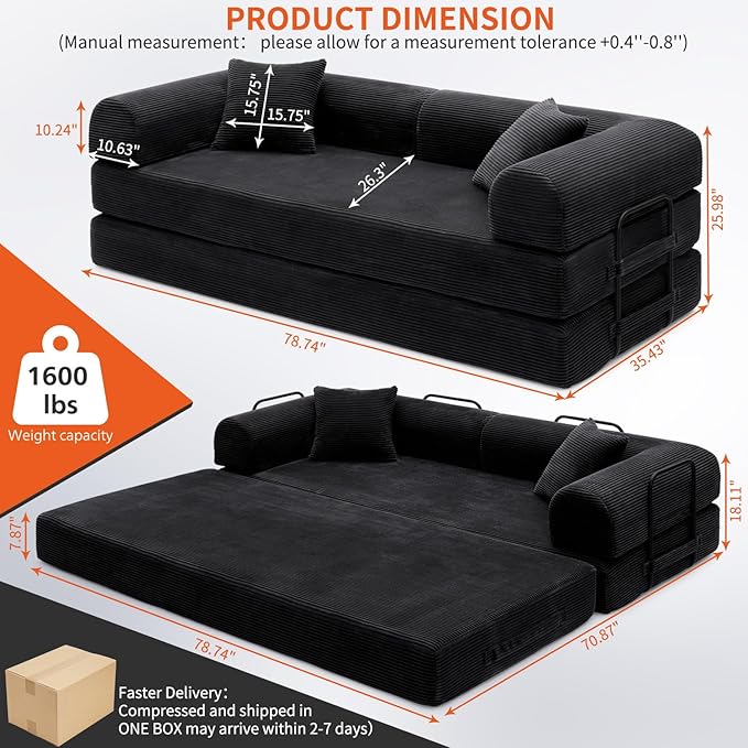 Convertible Sleeper Sofa Bed 1600lbs Weight Capacity Floor Sofa Bed with Fixed-Shape Frame Corduroy Foldable Couch for Small Space Lounge Mattress for Living Room Apartment Game Room (Black)