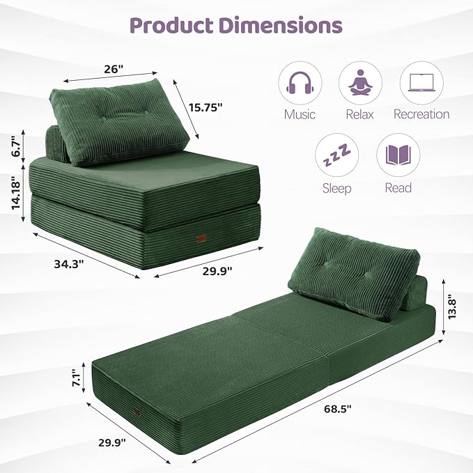 Folding Sofa Bed3-in-1 Convertible Sleeper Chair Corduroy High-Density Foam with PillowFold Out Chair BedFoldable Single Futon Chair for Living Room、HotelSingle Emerald Green