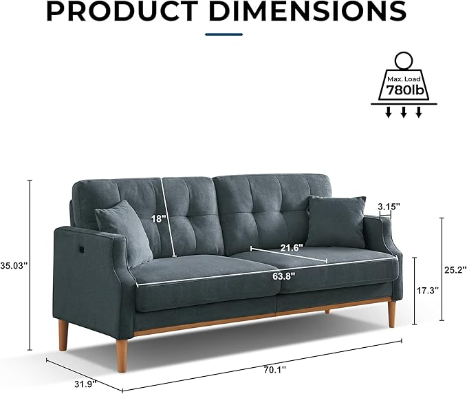 Sofa Couch with Thick CushionCouple Loveseat Sofa with Waterproof Fabric3 Seat Mid-Century Modern Couch with USB Port for Apartment Living Room Office (Blue)