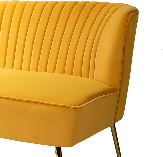 HULALA HOME 3 Piece Velvet Living Room Furniture Set Modern Comfy Upholstered Chair Set with Golden Legs include Loveseat &amp 2 Accent Chairs for Bedroom MUSTARD Tufted 2-Seater Sofa &amp Armles