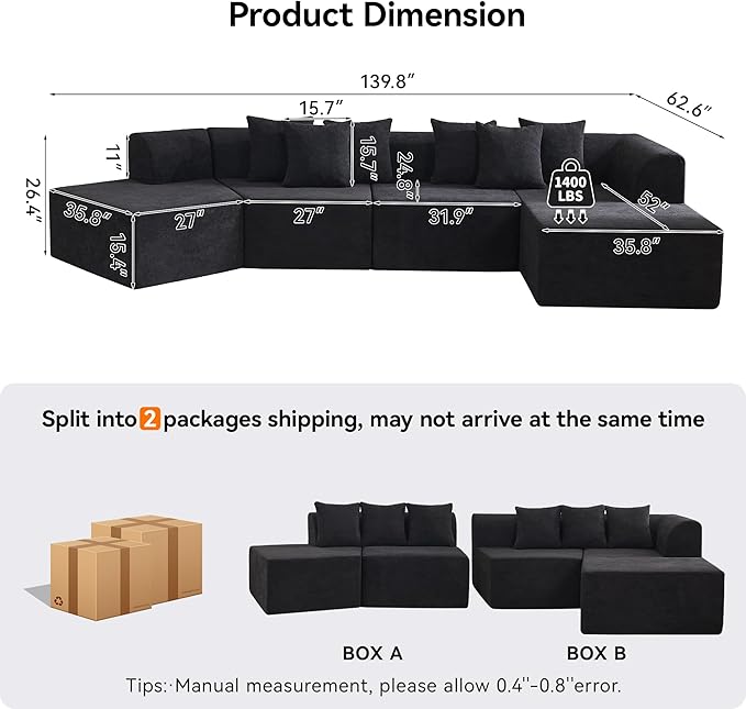 140''Oversized Cloud Velvet Curved Sectional Couch Boneless Couch with L-Shape Chaise Upholstered Compression Memory Foam Modular Sectional Sofa for Living Room No Assembly Required Black